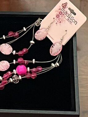 Many Pink Beads on Wire Necklace and Pael Pink Earrings